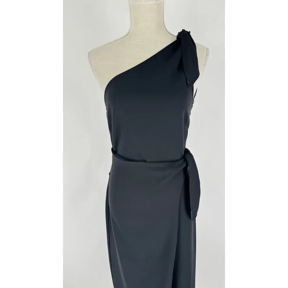 Diane Von Furstenberg One Shoulder Knot Scarf Faux Wrap Dress Womens 2 Black